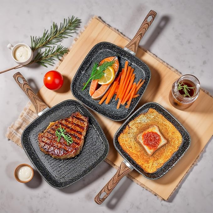 3 Pcs Pots and Pans Set, Nonstick & Non-Toxic Healthy Pots and Pans with Wooden Handle, Durable Skillet Indoor & Outdoor Use, All Stovetops Compatible, PFOA Free, Black