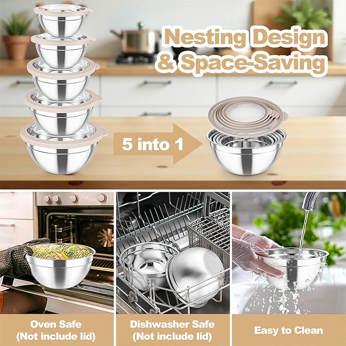 TeamFar Mixing Bowls, 4.5/3/1.5/1/0.7 QT Stainless Steel Nesting Salad Bowls with Visible Lids, For Serving/Mixing/Storing, Non-Toxic & Heavy Duty, Airtight & Easy Clean, Khaki, Set of 5 - Image 7