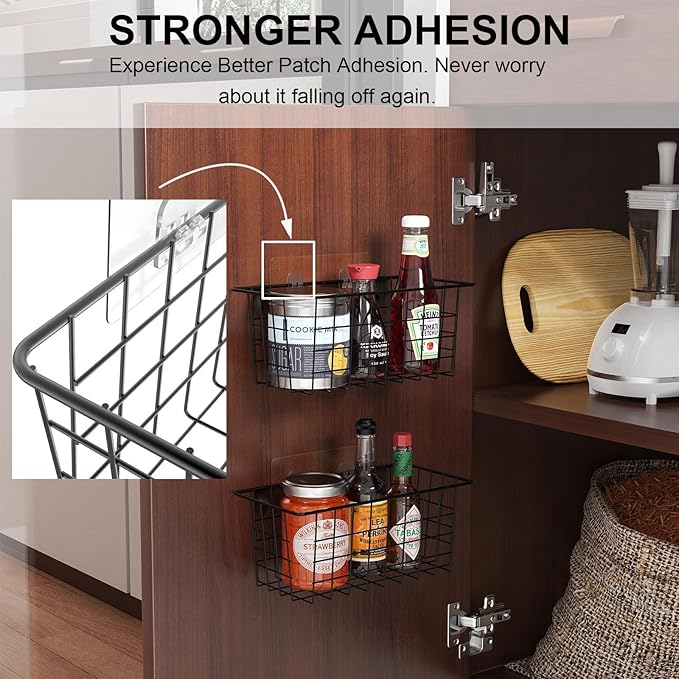 MaraFansie Hanging Kitchen Baskets Wire Storage Basket Over the Cabinet Door Organizer, No Drilling Adhesive Basket for Cabinet Pantry Organization and Kitchen, Bathroom, Storage, 2 Pack, Black - Image 3