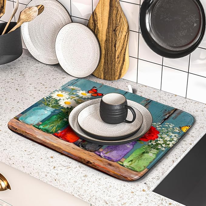 Small Dish Drying Mat for Kitchen Counter 16x18, Spring Summer Floral Decorative Absorbent Reversible Microfiber Kitchen Countertop Protector Dishes Drainer Pad - Image 5