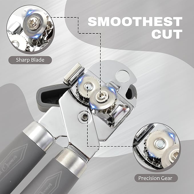 Manual Can Opener with Magnet, Heavy Duty Hand Can and Bottle Opener with Stainless Steel Blade and Rubber Grip, Smooth Cutting Hand Can Openers for Senior, Magnetic Lid Remover Kitchen Tool (Gray)