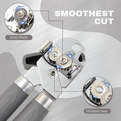Manual Can Opener with Magnet, Heavy Duty Hand Can and Bottle Opener with Stainless Steel Blade and Rubber Grip, Smooth Cutting Hand Can Openers for Senior, Magnetic Lid Remover Kitchen Tool (Gray)