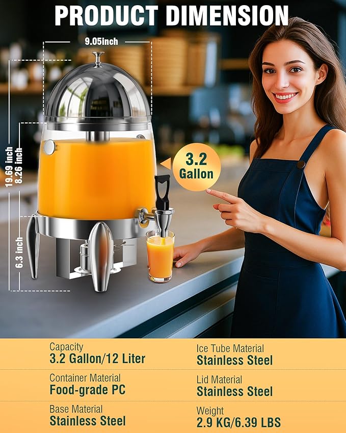 WantJoin Beverage Dispenser With Stand - 3.2 Gallon Drink Dispenser With Ice Core & Fuel Holder, Leakproof Spigot, Visible Container, Drink Dispenser For Cold & Hot Drink Parties Gathering Cafeteria - Image 7