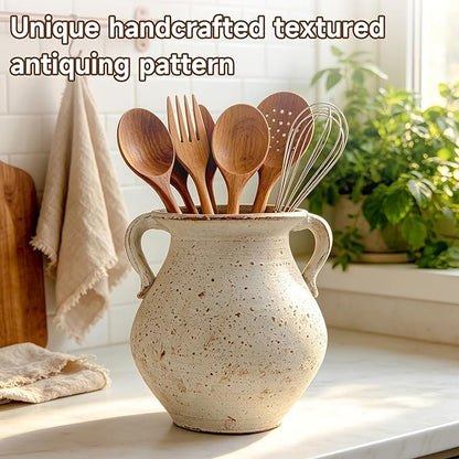 Rustic Kitchen Utensil Holder for Countertop, 7.6x4.9In Large Ceramic Cooking Utensil Crocks for Countertop, with non-slip pads, Morden Farmhouse Vintage Kitchen Counter Decor - Image 2