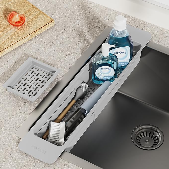NiHome Extendable Sink Kitchen Organizer, Extra Long Telescopic Brush Storage Rack for Sponge, Non-Slip Pads Expandable Sink Caddy, Adjustable Sponge/Brush Rack with Drainage Durable ABS (Gray) - Image 2