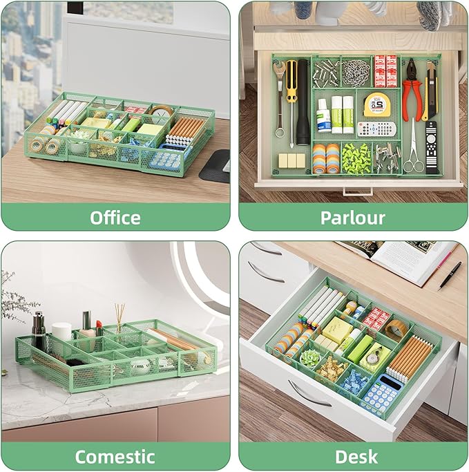 Marbrasse Expandable Desk Drawer Organizer, Mesh Drawer Organizer Tray with 10 Adjustable Compartments, Desk Organizers and Accessories for Office Supplies, Makeup & Vanity (Expandable-Green) - Image 4