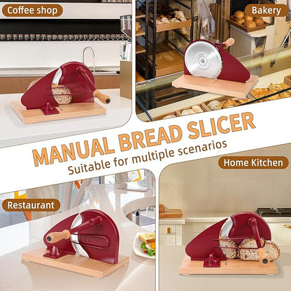 CAWIU Upgraded Manual Bread Slicer for Homemade Sourdough Bread - Adjustable Thickness Bread Cutter with Hand Crank, Suction Cups, Slicing Guide, Scale Line & Cover, for Perfect Even Slices (Red)