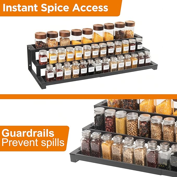 3-Tier Spice Rack Organizer for Kitchen Cabinet or Pantry, 16"-29" Expandable Spice Organization Shelf, Seasoning Organizer, Metal Display Shelf, Slip-Resistant Design for Jars and Bottles, Black - Image 5