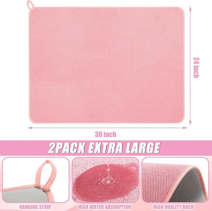 Hushee 2 Pack Extra Large Dish Drying Mat Microfiber Absorbent Dish Drying Pad Large Size Dishes Drainer Mats for Countertop, Sink, Refrigerator or Dryer (30 x 24 Inch,Pink) - Image 2