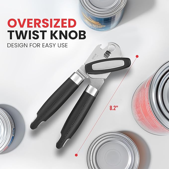 Zulay Kitchen Can Opener with Large Bottle Opener - Heavy Duty Stainless Steel Manual Can Opener with Turn Knob and Soft Grip Handles - Black - Image 4