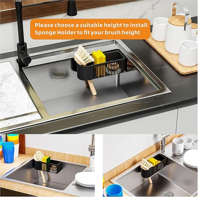 SuoXing Inside Sink Sponge Holder,Black Rustproof Sink Caddy and Scrub Holder for Kitchen Sink with Suction Cup,Adhesive,Plastic Dish Sink Organizer for Scrub Brush,Scrubber,Dish Sponge,Spinge Holder - Image 4