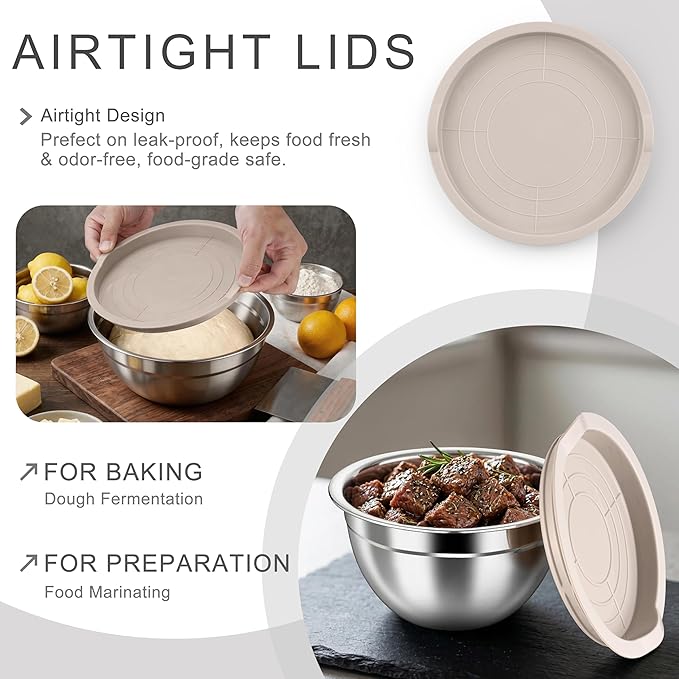 HaWare Mixing Bowls with Airtight Lids, 6-Piece Stainless Steel Salad Bowls, Strong Nesting Bowls for Cooking, Prepping, Baking, Serving & Food Storage, Stackable Design, Size 4.6, 3, 1.5QT, Khaki - Image 3