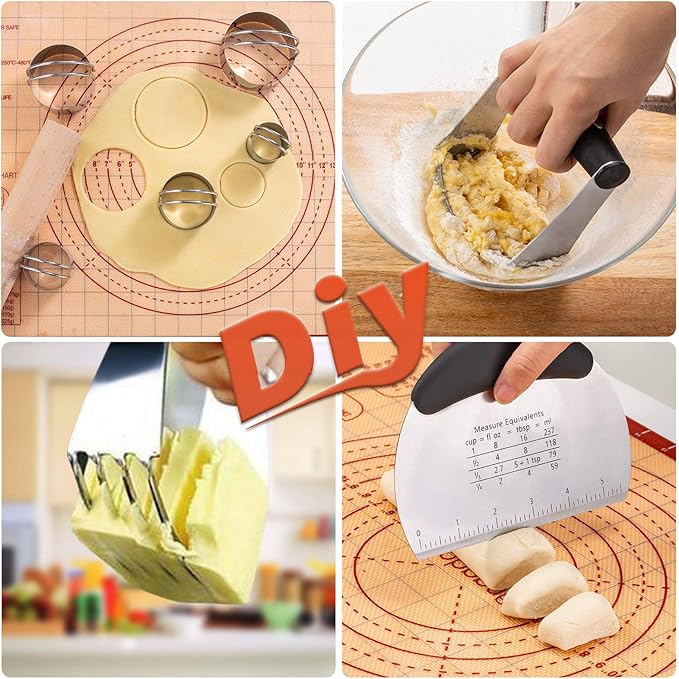 Biscuit Cutter,Pastry Cutter, Bench Scraper, Silicone Pastry Dough Baking Mat Set, Baking Tools and Accessories Kit - Image 3