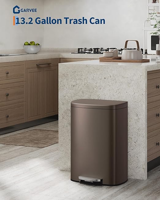 GarveeHome 13 Gal & 2.6 Gal Trash Can Combo Set, Kitchen Trash Can and Bathroom Trash Bin with Lid, Step-On Rustproof Garbage Bin with Inner Bucket, Brown - Image 2