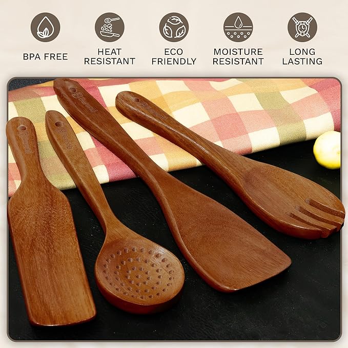 10Pcs Wooden Kitchen Utensil Set, Premium Natural Acacia Wood Cooking Utensils for Nonstick Cookware, Spoon Spatula Turner Ladle Skimmer Serving Tools