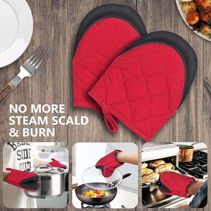 1 Pair Short Oven Mitts - Silicone Kitchen Oven Gloves High Heat Resistant 500℉, Mini Oven Mits with Non-Slip Grip Surfaces and Hanging Loop for BBQ, Baking, Cooking and Grilling (Red) - Image 7