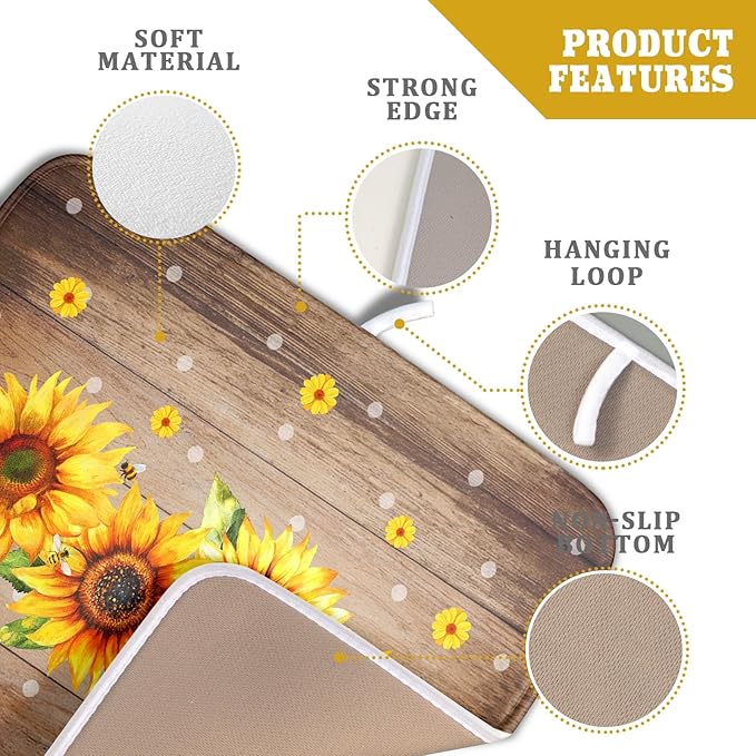 Summer Sunflower Bee Dish Drying Mat for Kitchen Counter,Rustic Yellow Flowers White Polka Dots Drying Mat 16 x 18 Inch with Absorbent Reversible Microfiber Drying Pad for Coffee Bar - Image 4