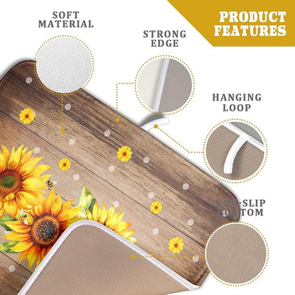 Summer Sunflower Bee Dish Drying Mat for Kitchen Counter,Rustic Yellow Flowers White Polka Dots Drying Mat 16 x 18 Inch with Absorbent Reversible Microfiber Drying Pad for Coffee Bar - Image 4