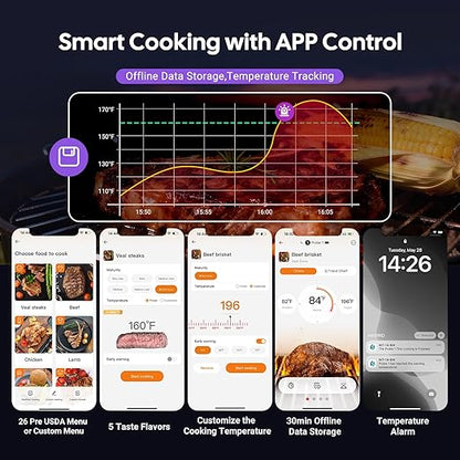 4-Probe Digital Meat Thermometer Wireless with Smart APP, Unlimited Range WiFi & Bluetooth Meat Thermometer for BBQ, Rotisserie, Oven, Grill, Smoker,and Air Fryer Cooking
