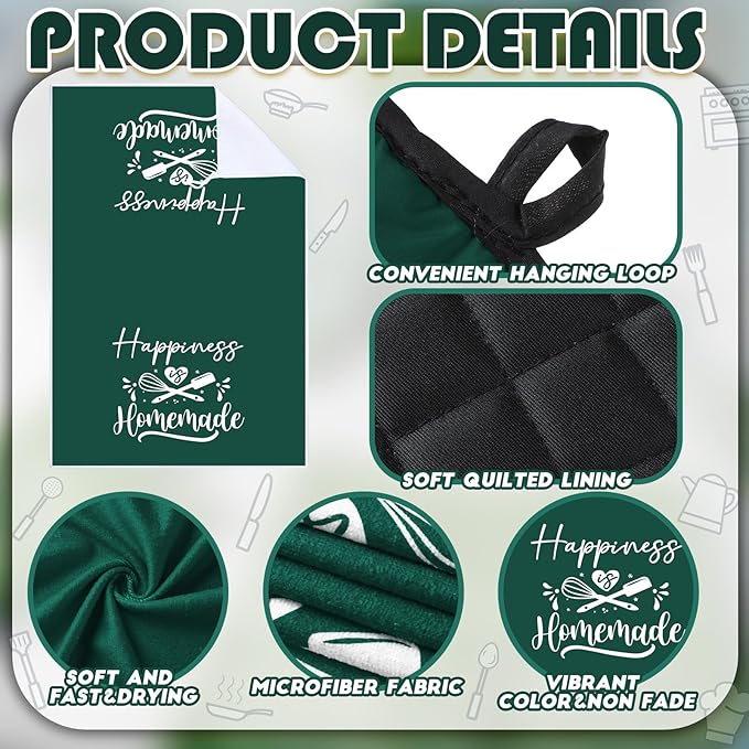 Sratte 6 Pcs Kitchen Decor Accessories Set Farmhouse Towels Pot Holders Oven Mitts Set 2 Dish Towels 2 Potholders 2 Cooking Mittens Oven Glove for Christmas Baking Cooking(Dark Green,Kitchen) - Image 6