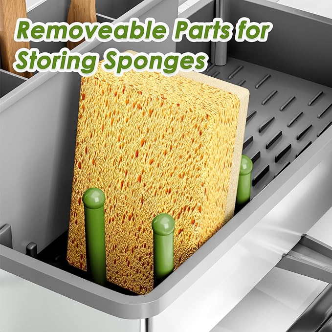 Ewaiira Stainless Steel Sink Caddy, Sponge Holder for Kitchen Sink with Brush Holder Dishcloth Rack, Rustproof Sink Organizer Countertop, Soap Dispenser Kitchen Organizers Storage Essentials, Gray9.8″ - Image 8