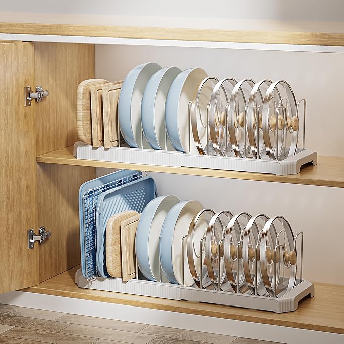 MUDEELA Pot Lid Organizer Rack for Cabinet, Expandable Pots and Pans Organizer under Cabinet with 12 Adjustable Dividers, Pan Organizers Holder inside Cabinet for Cutting Boards, Baking Sheets, White - Image 8