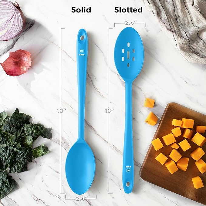 DI ORO Silicone Mixing & Serving Spoons - Large Heat-Resistant Non Stick Utensils Big Solid & Slotted Basting Spoons - Dishwasher Safe (2pc, Blue) - Image 6