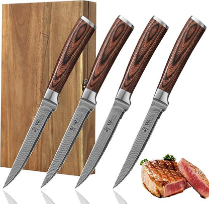 Wakoli EDIB 4-Piece Damascus Steak Knife Set – Professional Dining Kitchen Knives with VG10 Core Blades, 67-Layer Damascus Steel & Ergonomic Pakkawood Handles – Premium Steak Cutlery in Gift Box