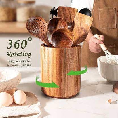 Criusia Utensil Holder 2 Pack, 360° Rotating Acacia Wood Cooking Utensil Crocks for Kitchen Counter, Farmhouse & Modern Decor, (2 Large) - Image 5