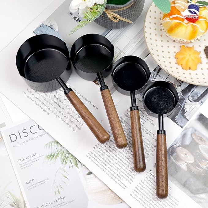 Set of 4 Measuring Cups and Spoons Black Measuring Cups with Wooden Handle Stainless Steel Measuring Spoons and Scoops Set for Kitchen Flour Spice Seasoning Measurement (1+1/2+1/3+1/4 Cup) - Image 5