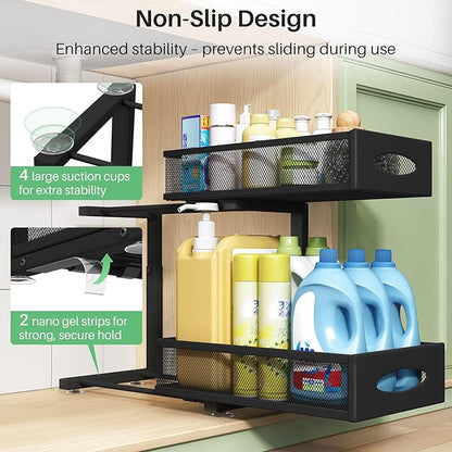 Under Sink Organizer, 2 Tier Pull out Cabinet Organizer Baskets with Mesh Sliding Drawers, Slide out Storage Shelf for Home, Kitchen, Bathroom, Pantry, Office Cabinet, Countertop(1 Pack) - Image 6