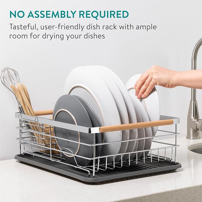 Navaris Dish Rack - Compact Drying Kitchen Board with Drip Tray & Cutlery Holder - Easy to Assemble and Clean Dishes - Sink Drainer Rack - Silver with Wooden Handles - Image 2
