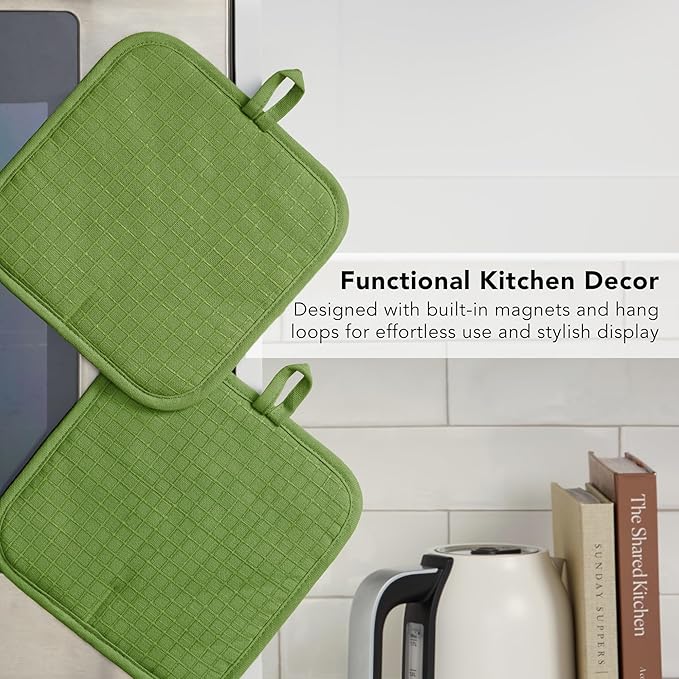 KITCHENAID Gourmet Series Gridlines Pot Holders 2-Pack Set, Heat Resistant up to 600°F, Soft Silicone Grip, Magnetic Cuff, Matcha Green, 8"x8" - Image 6