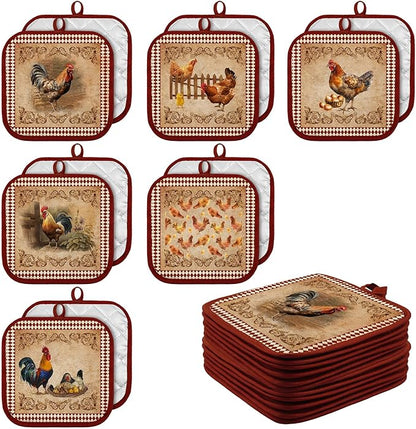 Bencailor 12 Pcs Pot Holders with Pocket Kitchen Hot Potholders Hot Pad Oven Mitts Cookie Bag Oven Gloves for Kitchen Gift Baking Cooking(Brown and Red,Rooster)