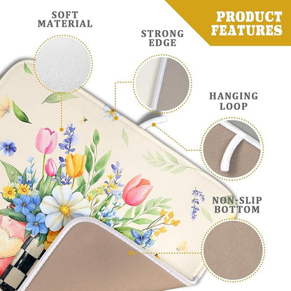 Giwawa Spring Flower Vases Dish Drying Mat for Countertop, 16"x18" Watercolor Floral Mason Jar Dish Drainer Mats, Wildflower Botanical Fast Dry Microfiber Small Dish Drying Pad Decoration