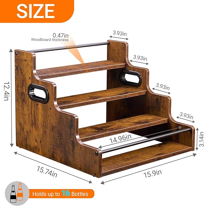 YQBRAO 4-Tier Tiered Liquor Bottle Display Shelf - 16-Inch Rustic Wood Liquor Rack & Coffee Syrup Organizer - Heavy-Duty Countertop Spice Rack with Guardrails & Handles for Bar, Kitchen, Office