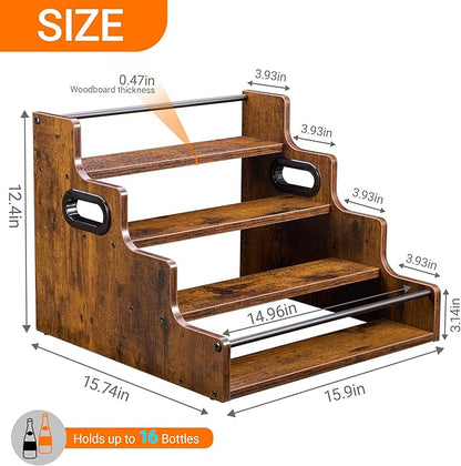YQBRAO 4-Tier Tiered Liquor Bottle Display Shelf - 16-Inch Rustic Wood Liquor Rack & Coffee Syrup Organizer - Heavy-Duty Countertop Spice Rack with Guardrails & Handles for Bar, Kitchen, Office