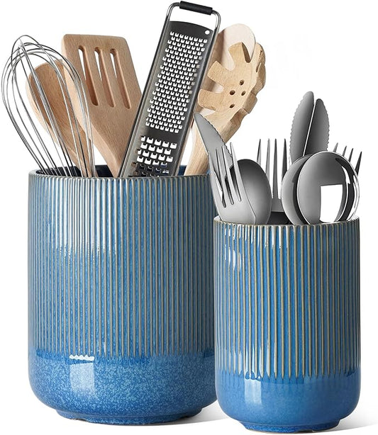 LE TAUCI Utensil Holder for Kitchen Counter, 7.3"+5.4" Fluted Ceramic Utensil Crock Organizer for Countertop, Heavy Large Holder for Spatulas, Spoons, Set of 2, Blue Marble by LETAUCI