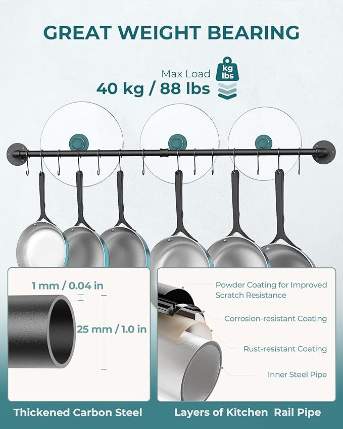 OROPY 38 inch Pot Bar Rack Wall Mounted Detachable Pans Hanging Rail Kitchen Lids Utensils Hanger with 14 S Hooks Black - Image 5