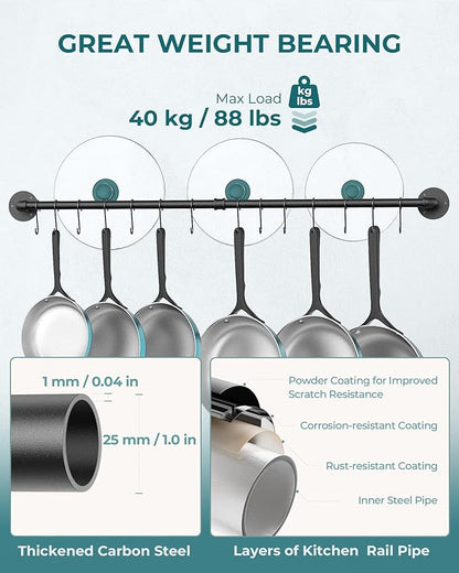 OROPY 38 inch Pot Bar Rack Wall Mounted Detachable Pans Hanging Rail Kitchen Lids Utensils Hanger with 14 S Hooks Black - Image 5