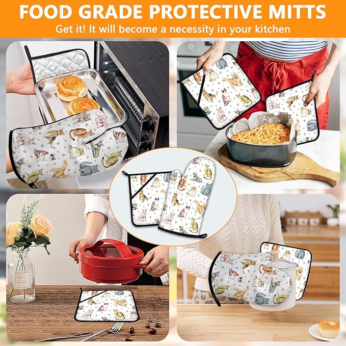Cute Cats Oven Mitts and Pot Holders Sets 4Pcs,Extra Long Oven Gloves Potholder for Kitchen Cooking Baking BBQ 100% Cotton Heat Resistant - Image 7