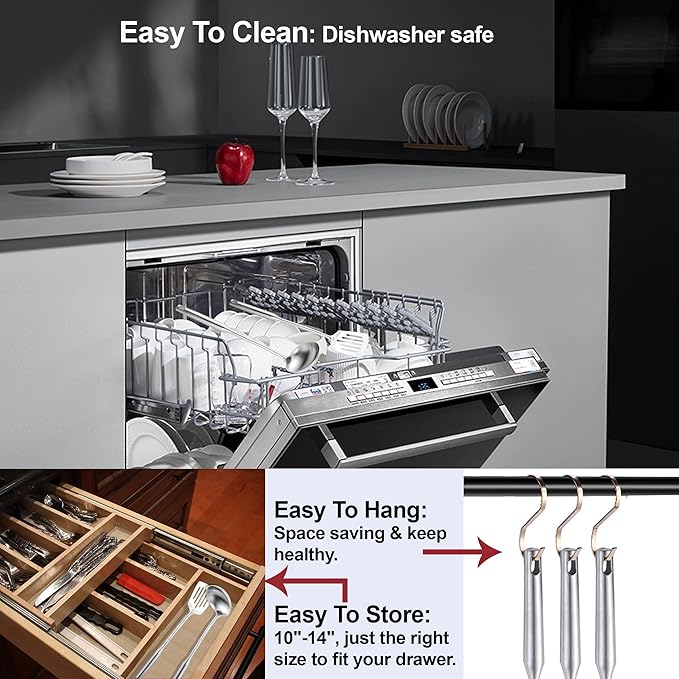 Stainless Steel Kitchen Utensils 12 Pcs, Small Cooking Utensils Set,Spatulas,Ladle,Skimmer,Tunners,Serving Spoon,Spaghetti Spoon,Fork,Potato Masher,Egg Whisk,Tongs,Dishwasher Safe - Image 6