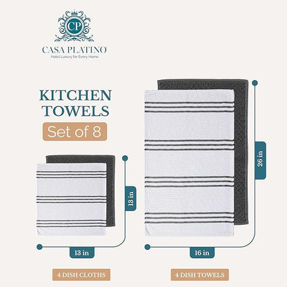 Casa Platino 8PC Cotton Kitchen Towels, 16"x26", Summer Grey Kitchen Towels