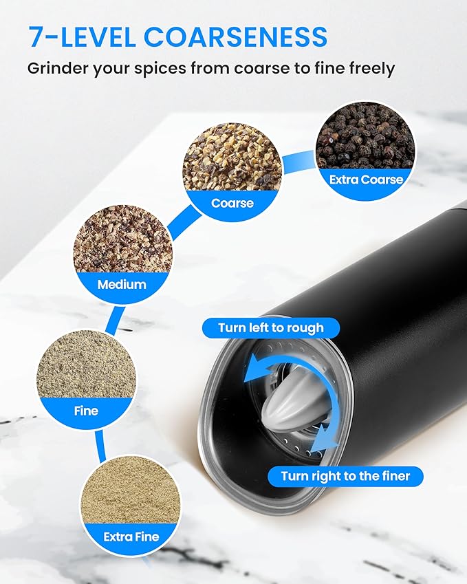 Gravity Electric Pepper and Salt Grinder Set of 2 Pack, One Hand Automatic Shakers Mill, Adjustable Coarseness, Battery Powered with LED Light, Brushed Stainless Steel Perfect for Kitchen - Image 4