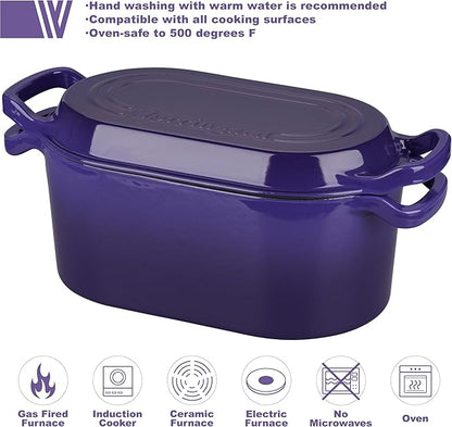 VORRINGARD Oval Dutch Oven Pot with Lid, Enamel Coating Cast Iron Bread Pans for Homemade Sourdough Bread Baking, Cooking, 4 Quart, Purple