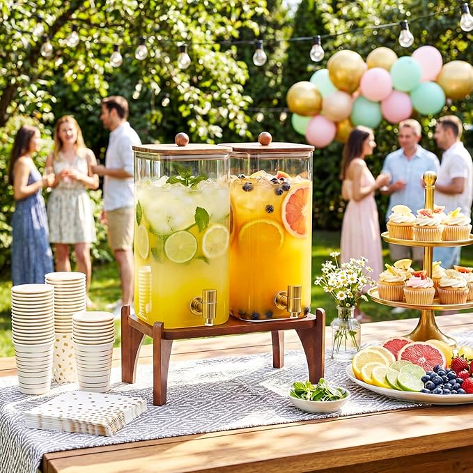 2 Pack 1.5 Gallon Square Glass Drink Dispenser with Wooden Stand & Lid, Large Beverage Dispenser with Stainless Steel Spigot, Juice & Lemonade Dispenser for Parties, Iced Tea, Water, Space-Saving - Image 6