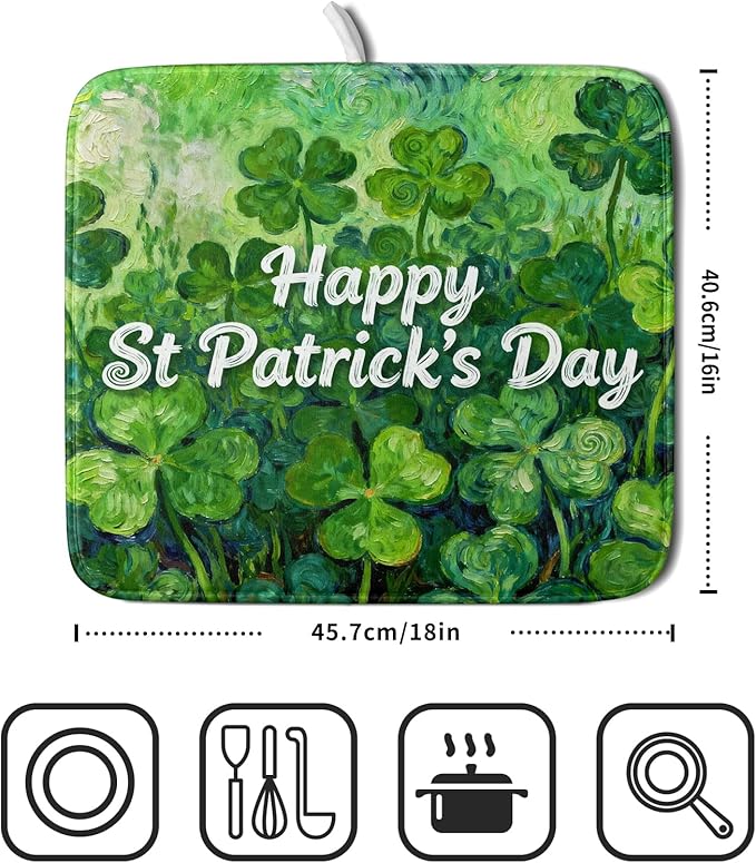 St Patricks Day Lucky Clover Dish Drying Mat for Kitchen Counter 16x18 Green Shamrock Happy Holiday Theme Absorbent Reversible Microfiber Drying Mats Kitchen Countertop Protector Dishes Drainer Pad - Image 2