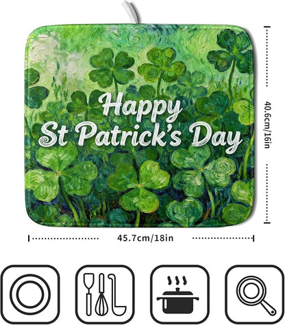 St Patricks Day Lucky Clover Dish Drying Mat for Kitchen Counter 16x18 Green Shamrock Happy Holiday Theme Absorbent Reversible Microfiber Drying Mats Kitchen Countertop Protector Dishes Drainer Pad - Image 2