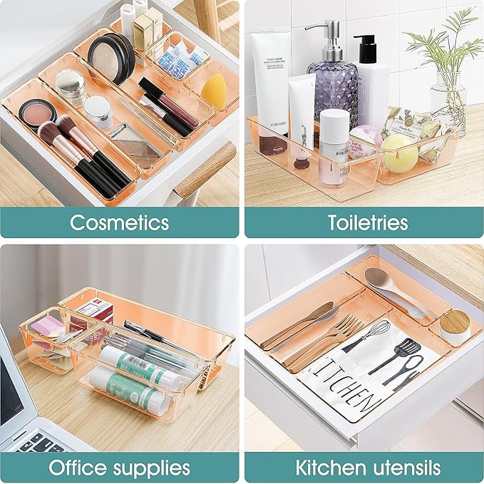 WOWBOX 25 PCS Plastic Drawer Organizer Set, 4 Sizes Desk Drawer Divider Organizers and Storage Bins for Makeup, Jewelry, Gadgets for Kitchen, Bedroom, Bathroom, Office, Clear Orange - Image 5