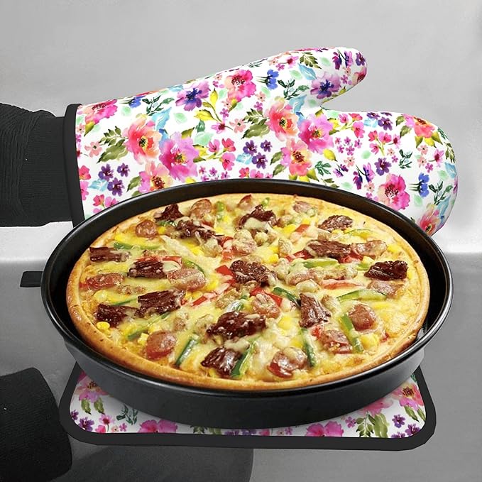 Floral Oven Mitts and Pot Holders Sets Spring Summer Kitchen Mitts Colorful Blossom Potholders 2PCS Wildflower Oven Gloves Hot Pads for Kitchen Baking Cooking - Image 7